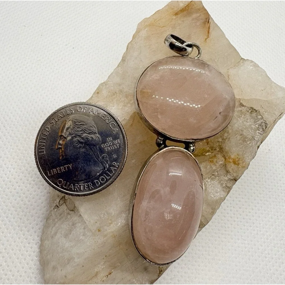 Sterling Silver Rose Quartz‎ Double Cabochon Pendant 20g Oval & Round Bezel 925